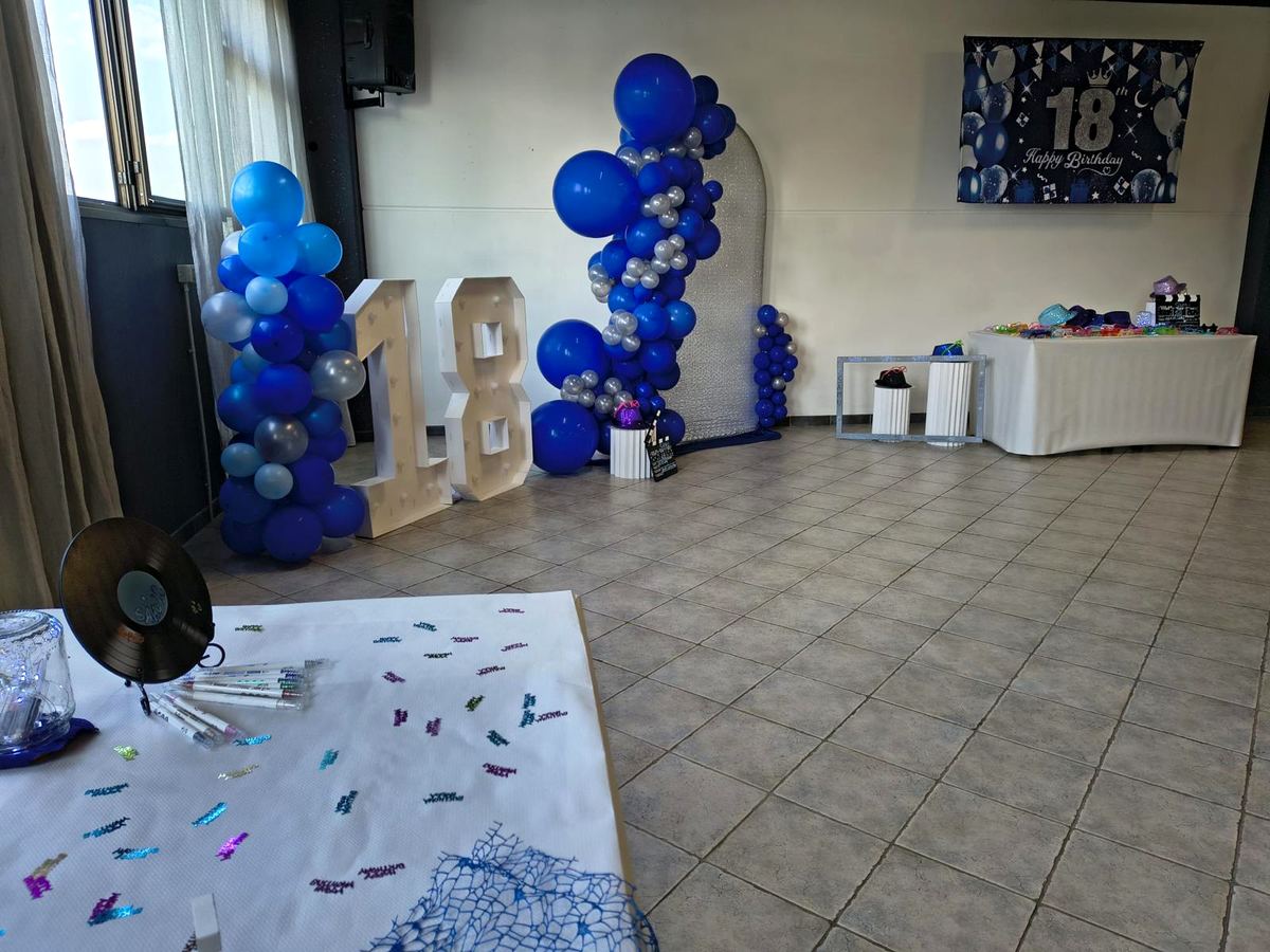 Allestimento per i 18 anni in blu con colonne di palloncini e numeri giganti
